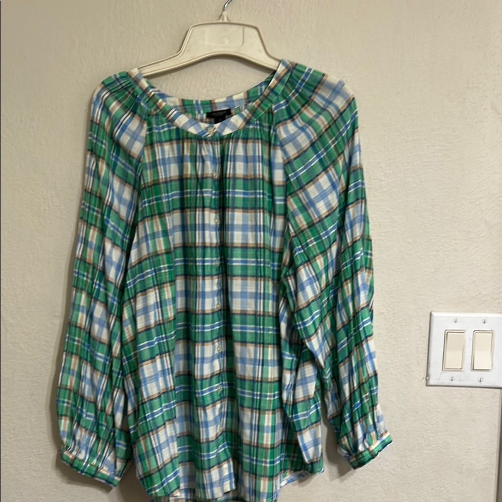 Ann Taylor Factory Green and Blue Checkered Blouse